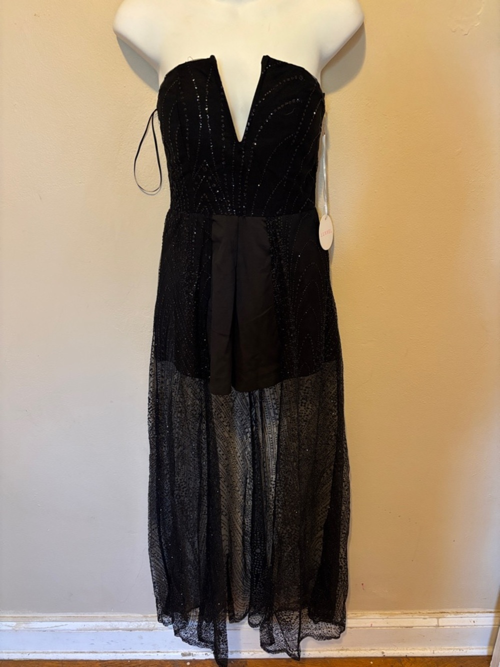 Luxxel Black Strapless Beaded Mesh Evening Dress